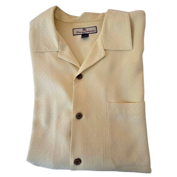 Tommy Bahama Mens Jacquard 100% Silk Button Up Tropical Shirt Pale Yellow Medium - Picture 3 of 12